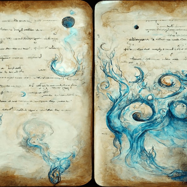 Vintage Water Grimoire bound book look digital background paper / junk journal / scrapbooking / cardmaking / ocean / spell writing paper /A4