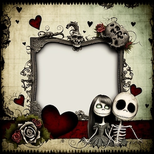 May include: A vintage-style frame with a white background, decorated with hearts, roses, and skulls. Two skeletons, one male and one female, are standing in front of the frame. The female skeleton is wearing a black dress and the male skeleton is wearing a white shirt and black pants.