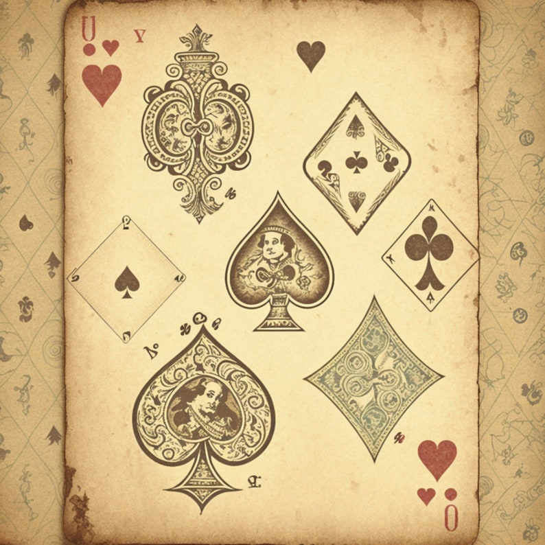 Vintage fantasy Playing Cards Digital Background Paper / Junk Journal
