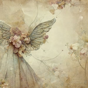 Sfondo digitale astratto con ali d'angelo vintage / carta da giornale spazzatura / scrapbooking / creazione di biglietti / etereo / angelico / luminoso