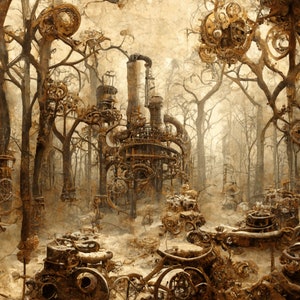 Steampunk inspired Forest taking over terrestrial ecosystem digital background paper / junk journal / scrapbooking / cardmaking image 8