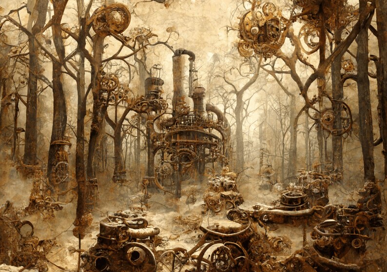 Steampunk inspired Forest taking over terrestrial ecosystem digital background paper / junk journal / scrapbooking / cardmaking image 8