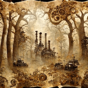 Steampunk inspired Forest taking over terrestrial ecosystem digital background paper / junk journal / scrapbooking / cardmaking image 2