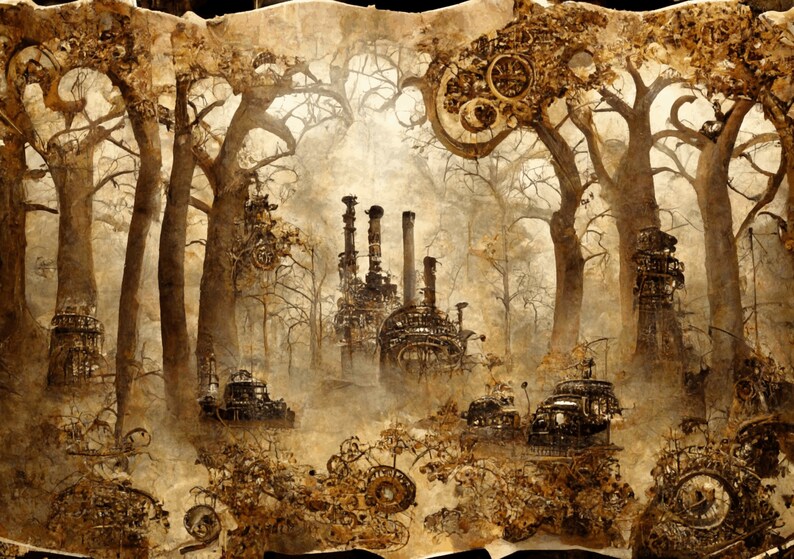 Steampunk inspired Forest taking over terrestrial ecosystem digital background paper / junk journal / scrapbooking / cardmaking image 2