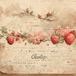 Papel de fundo digital de morango vintage / diário de lixo / scrapbooking / criação de cartões / pastel / romântico / feminino / rosa / papel de carta