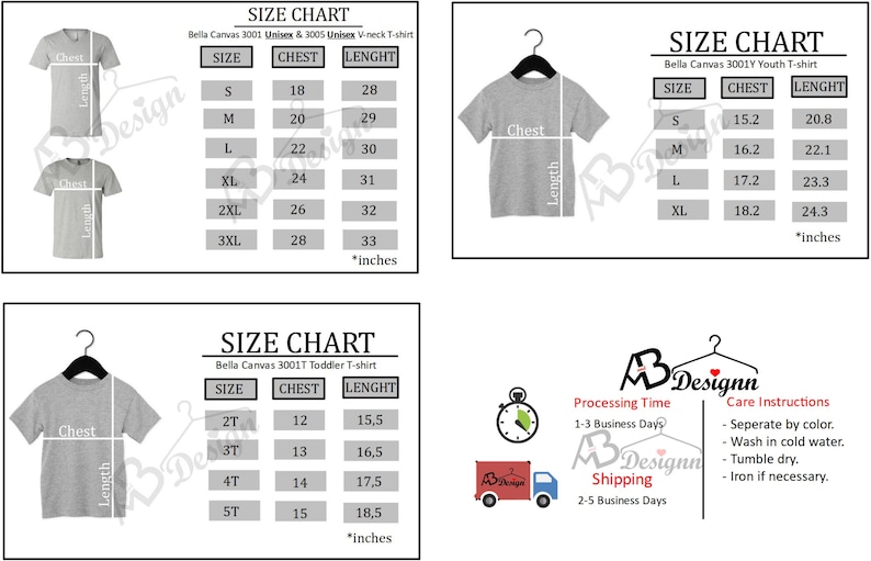 May include: Size chart for Bella Canvas 3001 Unisex & 3005 Unisex V-neck T-shirt, 3001T Toddler T-shirt, and 3001Y Youth T-shirt. The chart shows chest and length measurements in inches for different sizes.