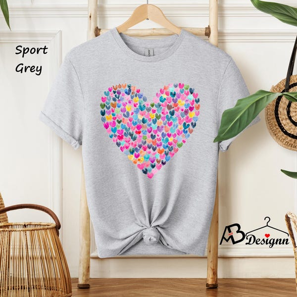 Camiseta de corazón de acuarela, camiseta con gráfico de corazón, camiseta de acuarela, camiseta de San Valentín, cuello redondo para mujer, corazones bonitos, niños, San Valentín para profesores