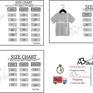 Op de afbeelding: Maattabel voor Bella Canvas 3001 Unisex & 3005 Unisex V-hals T-shirt, 3001T Toddler T-shirt en 3001Y Youth T-shirt. De tabel toont borst- en lengtemaat in inches voor verschillende maten.
