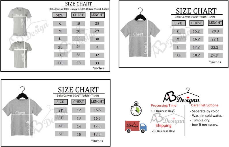 Op de afbeelding: Maattabel voor Bella Canvas 3001 Unisex & 3005 Unisex V-hals T-shirt, 3001T Toddler T-shirt en 3001Y Youth T-shirt. De tabel toont borst- en lengtemaat in inches voor verschillende maten.