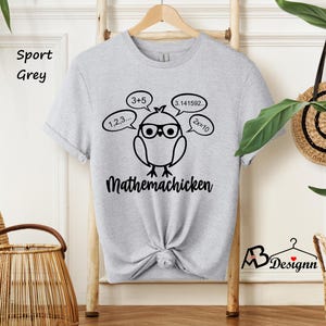 Op de afbeelding: Een grijs T-shirt met een zwarte afbeelding van een cartoonkip met een bril en omringd door wiskundige vergelijkingen. De tekst "Mathemachicken" staat onder de kip.
