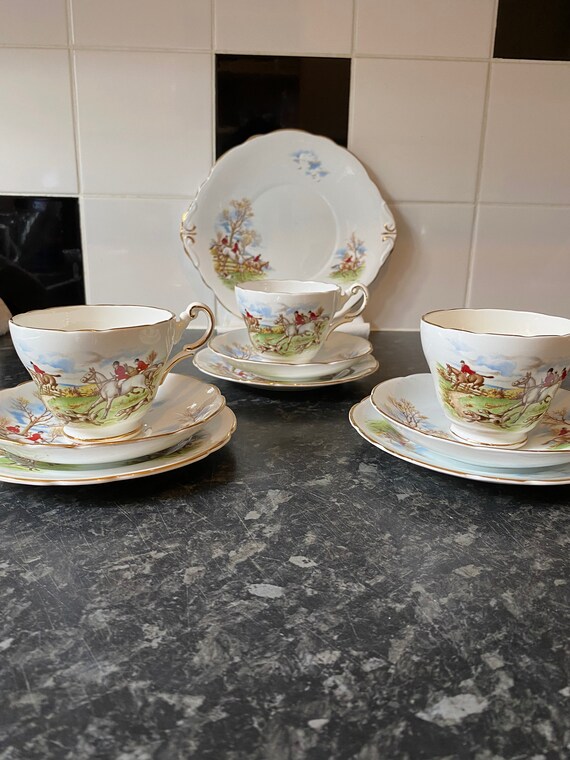 UNUSED English Bone China Fox Hunting Cup Saucer & Plate Trio more available 