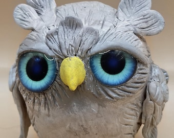 Hand-sculpted Polymer Clay Snow Owl Figurine: Whimsical Painted Owl Art
