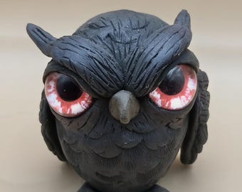 Hand-sculpted Black Owl Figurine: Whimsical Painted Critter Art (3.5 inch)