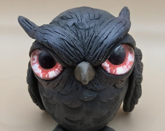 Hand-sculpted Black Owl Figurine: Whimsical Painted Critter Art (3.5 inch)