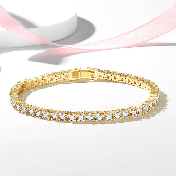 Elegant 3mm Gold Tennis Bracelet - Diamond Bracelet For Women - Gold Plated Sterling Silver S925 - Gift For Her