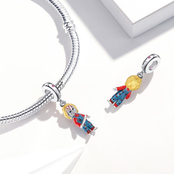 Charm Chucky en argent sterling avec émail noir, compatible avec les bracelets Pandora, cadeau idéal pour les femmes et les fans d'horreur