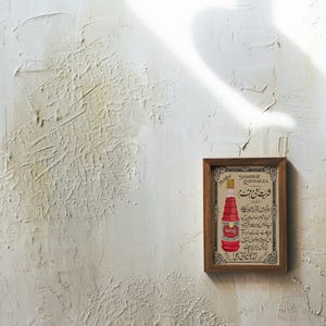 May include: A framed vintage advertisement for "Sharbat El-Rubbarda" featuring a red bottle with Arabic text. The advertisement is in a wooden frame with a white background.