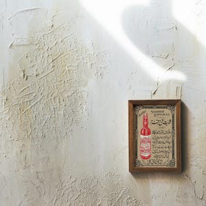 May include: A framed vintage advertisement for "Shamrat Eucalyptus" with Arabic text and a red bottle with a white label.
