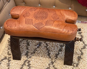Engraved Leather Footstool Cushion, Camel Saddle Stool Ottoman