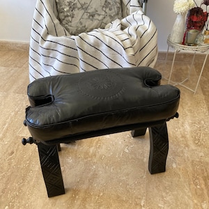 Camel Saddle Stool, Black Leather Footrest, Engraved Moroccan cushion, foot rest chair, Best Gift for parents, bench chair, Footstool