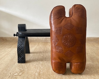Engraved Leather Cushion for Camel Saddle Stool, Morocco Ottoman Bench Seat
