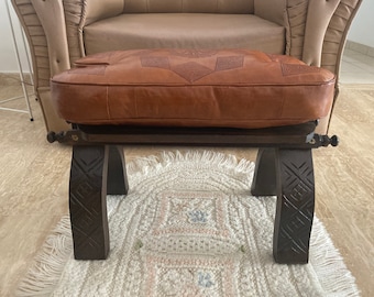 Moroccan Camel Saddle Stool, Leather Ottoman Pouf, Foot Stool