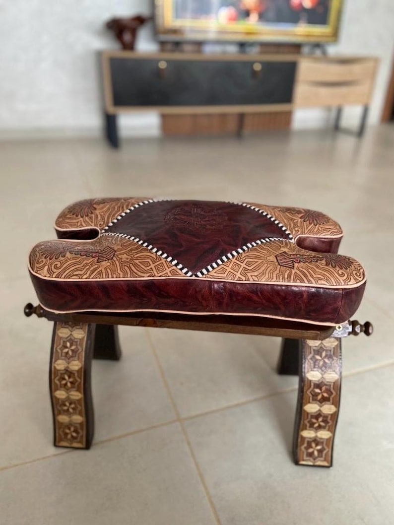 Engraved Leather Stool, Handmade Wooden Footrest, Arabic Bohemian Decor ...