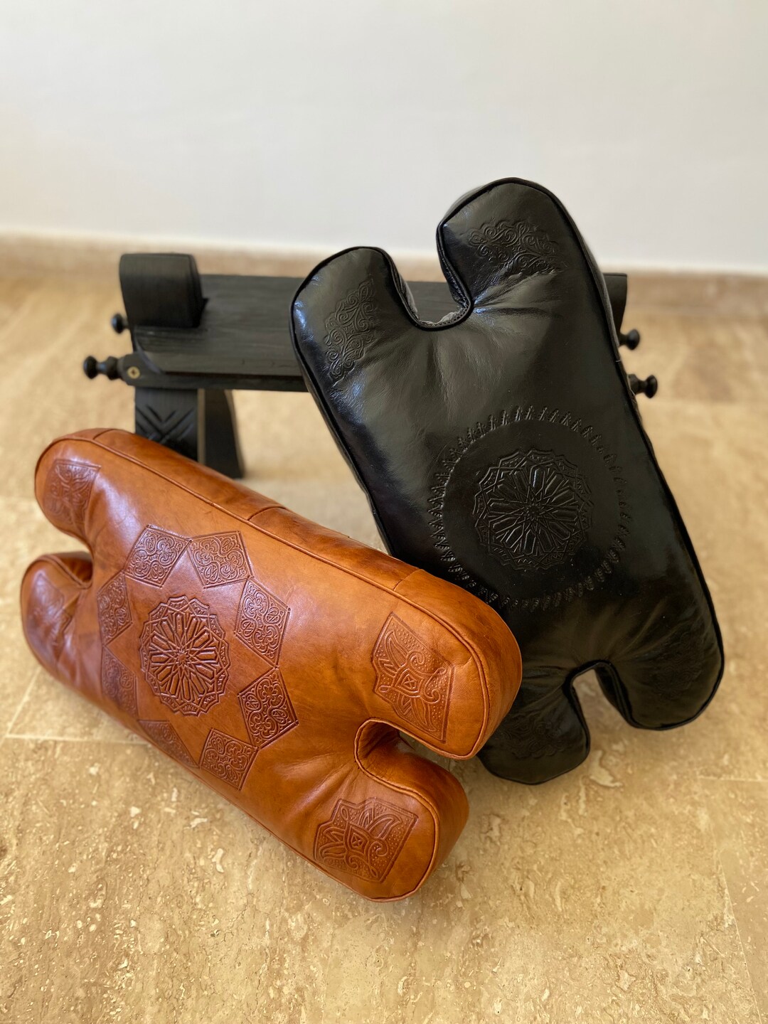 Saddle Stool, Black Leather Footrest, Egypt Saddle Stool, Foot Rest