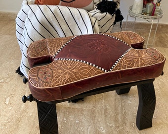 Engraved Leather Camel Saddle Stool, Ottoman Pouf, Vintage Bench