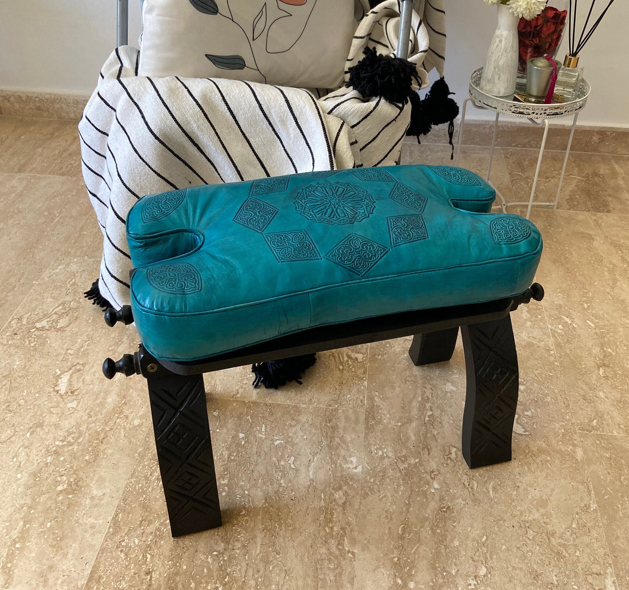 Handmade Moroccan Camel Saddle stool. Teal Blue Leather Cushion - Boho  Medina