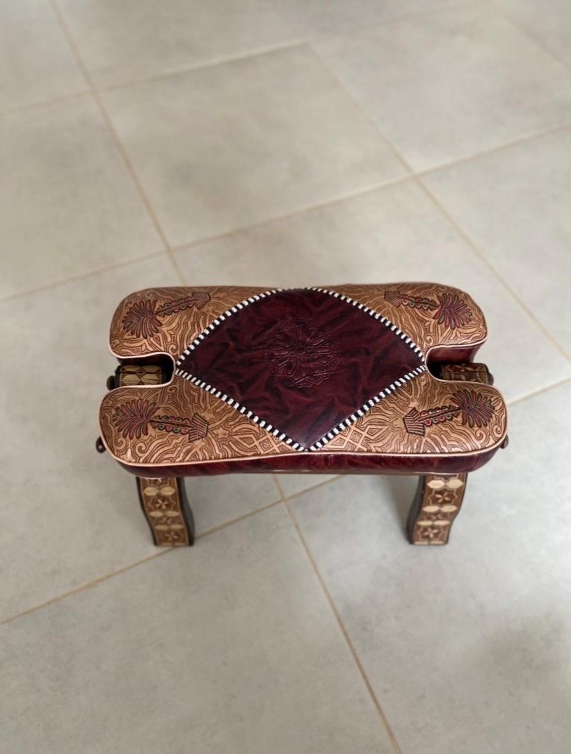 Engraved Leather Stool, Handmade Wooden Footrest, Arabic Bohemian Decor ...