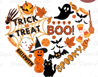 May include: A heart-shaped Halloween-themed graphic with the words "Trick or Treat", "Boo!", and "Spooky". The design includes a black cat, bats, pumpkins, candy corn, a witch's hat, and a broom. The image also includes the text "Halloween".