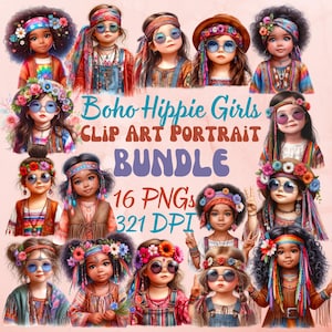 Lindo paquete de imágenes PNG de acuarela de chicas bohemias, retratos de chicas hippies jóvenes bohemias, imágenes prediseñadas para álbumes de recortes digitales, efímeras de diario basura