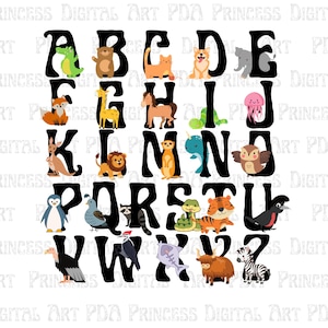 Alfabeto de animales, 26 letras, paquete de fuentes PNG, imágenes prediseñadas, para profesores, padres, estudiantes, aulas, camisetas, pegatinas, tazas, preescolar