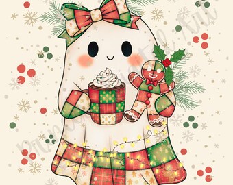 Könnte beinhalten: Ein niedliches Cartoon-Gespenst mit Patchwork-Design, das eine Tasse heiße Schokolade und einen Lebkuchenmann hält. Das Gespenst trägt eine Schleife und ein Patchwork-Kleid. Das Bild hat ein Weihnachtsthema mit Schneeflocken und Stechpalmen.
