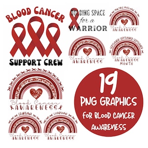 May include: A set of 19 PNG graphics for blood cancer awareness. The designs feature red ribbons, rainbow graphics with hearts, and text including "Support Crew" and "Blood Cancer Awareness".