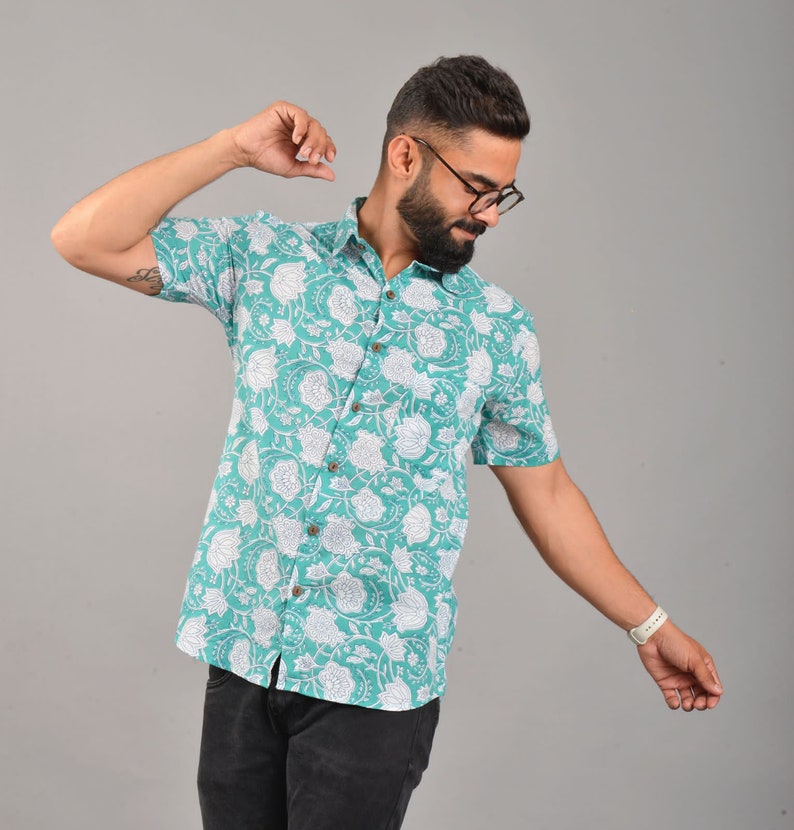 Casual Shirt, Organic Cotton Shirt, Flower Print Shirt, Shirt for Men, Printed shirt, Organic Cotton Short Sleeve, Summer Clothing image 2