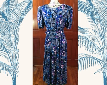Vintage Size 14 Blue Geometric Tropic Belted Dress