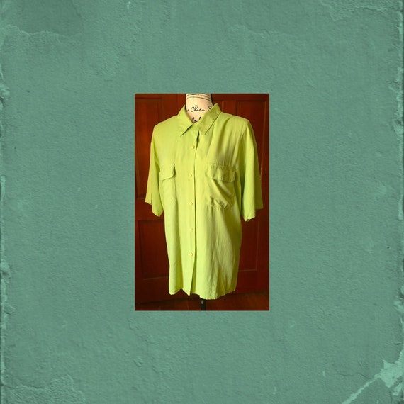 Plus Size 100% Silk Green Button Down