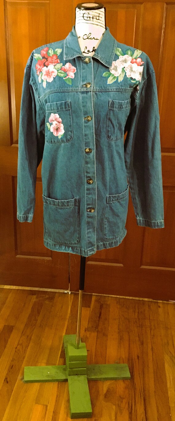 Large Jean Jacket with Painted Flowers - image 3