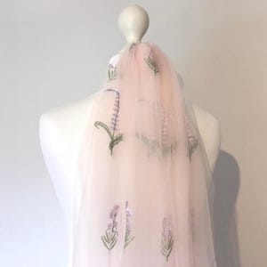 Pink Wedding Veil: Lavender Flower Embroidery, Romantic Fairytale Boho Bridal Veil