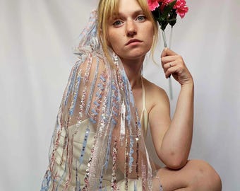 Boho Wedding Veil with Pink and Blue Embroidery and Gold Sequin Accents, Retro Chic Bridal Veil for the Modern Alternative Brides
