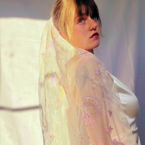 Cosmic Embroidered Wedding Veil - Celestial Moon & Star Bridal Veil Pastel