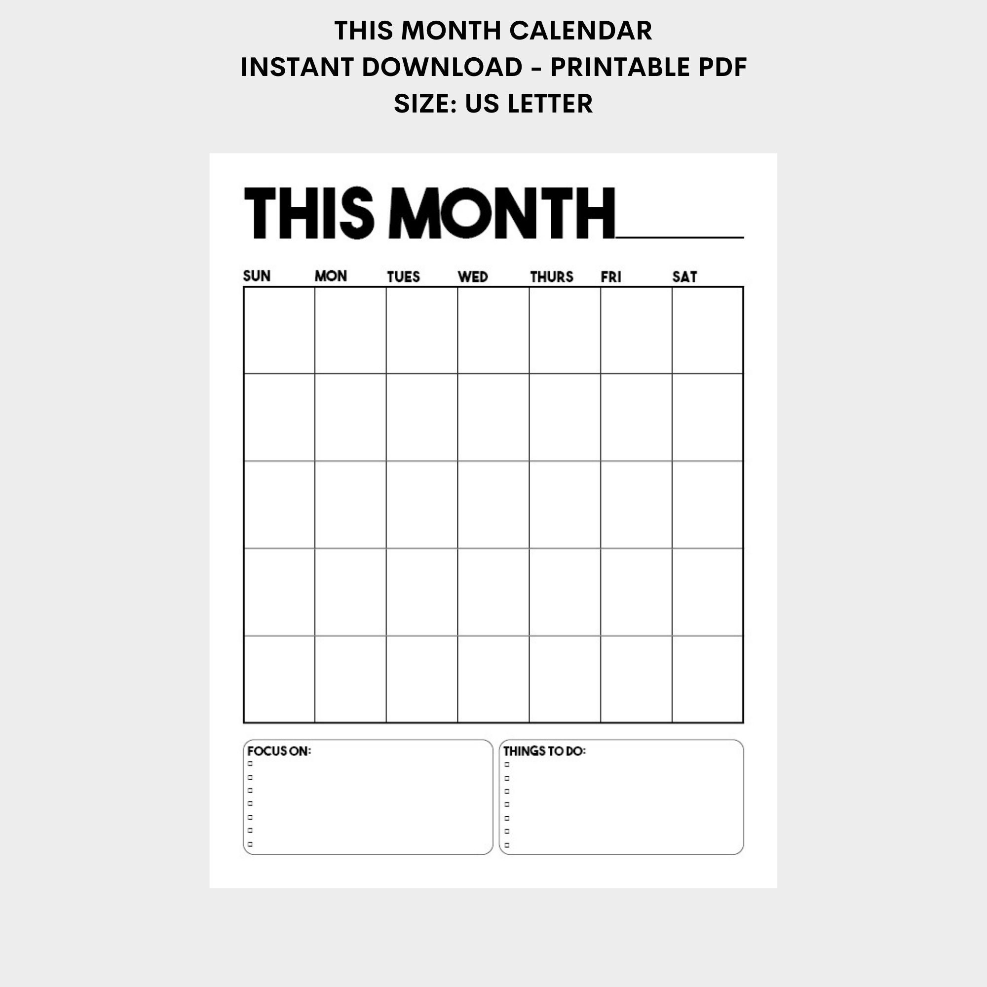 This Month Calendar Instant Download, Printable PDF, Size US Letter Etsy