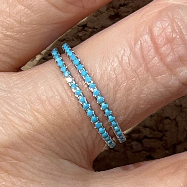 Classic eternity ring(1) in 925 sterling silver with Turquoise stones, minimalist, trendy stackable, fine and superb 1.8 mm jewelry