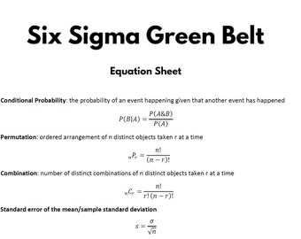 Foglio di riferimento per le equazioni dell'esame Six Sigma Green Belt