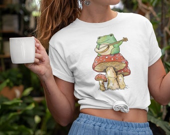 Frog Plays Banjo T Shirt, Frog and Mushroom TShirt, Cottagecore Shirt, Cottage Core Tee
