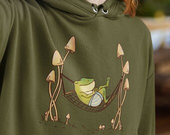 Napping Frog in Hammock, Mushroom Hoodie, Frog Hoodie, Cottagecore Sweatshirt