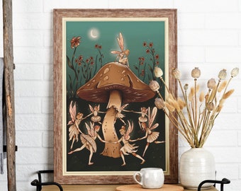 Garden Fairies Mushroom Art, Fairy Wall Art, Cottagecore Wall Decor, Dancing Fairies Poster Print, UNFRAMED