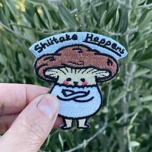 Cute Mushroom Patch, Shiitake Happens Iron On Patch, Shiitake Mushroom Embroidered Applique